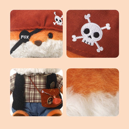 Plush toy fox with pirate hat and scarf on a beige background
