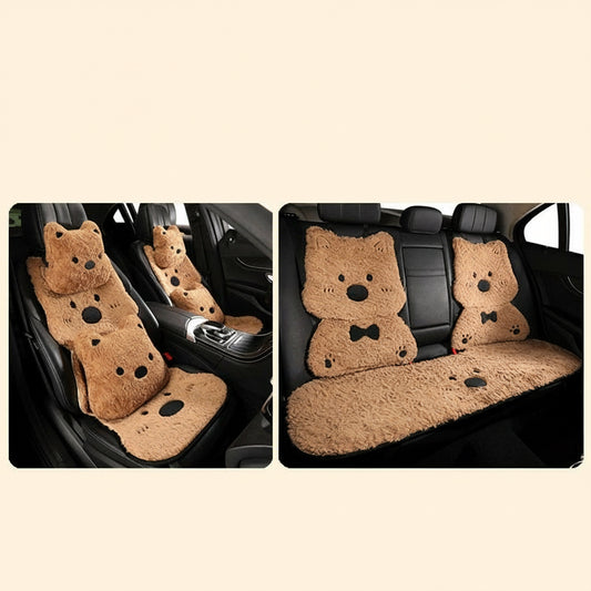 Car seat covers with Dog design in a car interior, featuring text on a beige background.