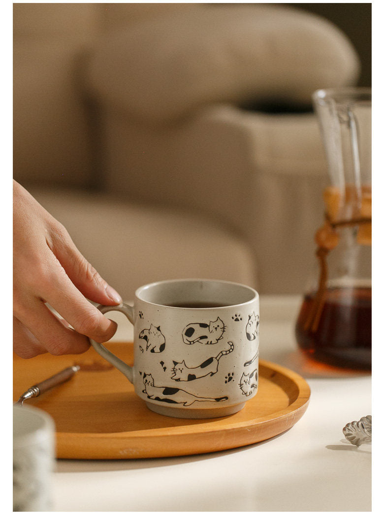 Whiskered Relief Coarse Pottery Mug – Natural Sand-Dotted Edition ✨ Furever Adorable