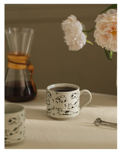 Whiskered Relief Coarse Pottery Mug – Natural Sand-Dotted Edition ✨ Furever Adorable