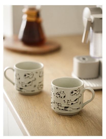 Whiskered Relief Coarse Pottery Mug – Natural Sand-Dotted Edition ✨ Furever Adorable