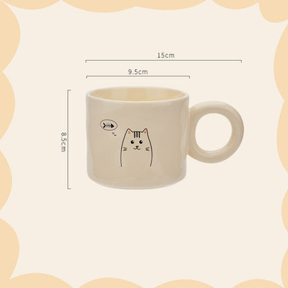 Beige mug with cat design and dimensions on a beige background