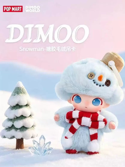 DIMOO Snowman plush pendant displayed in a snowy winter scene
