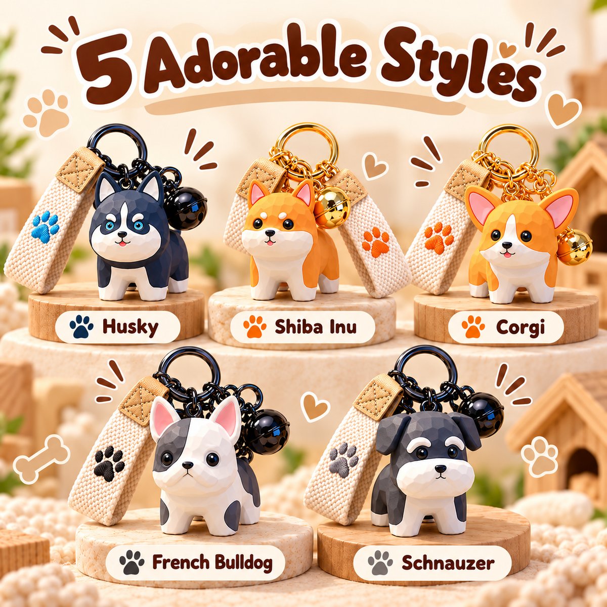 Five Dog Family keychain charm styles: Husky, Shiba Inu, Corgi, French Bulldog and Schnauzer