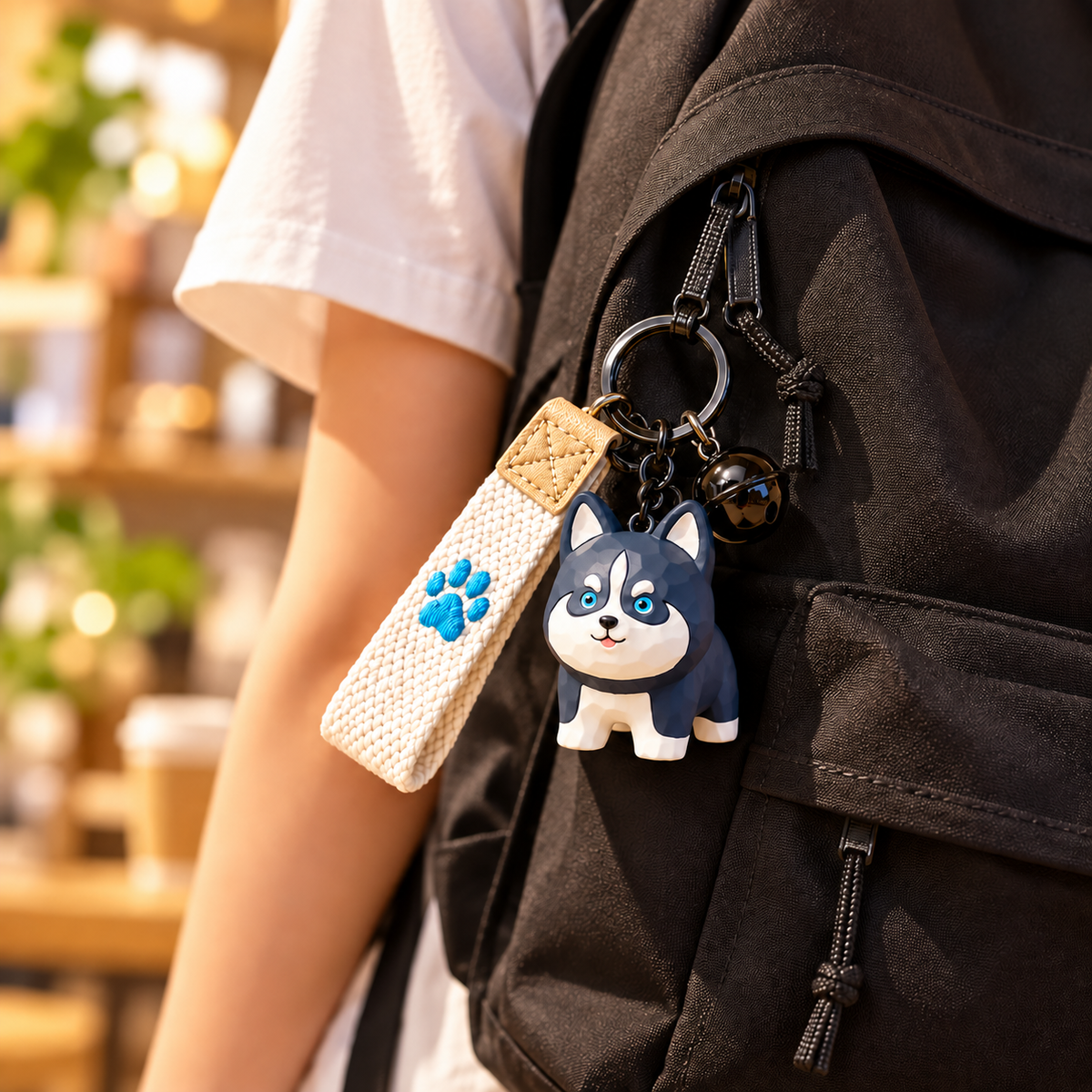 Husky dog resin keychain charm attached to a black backpack