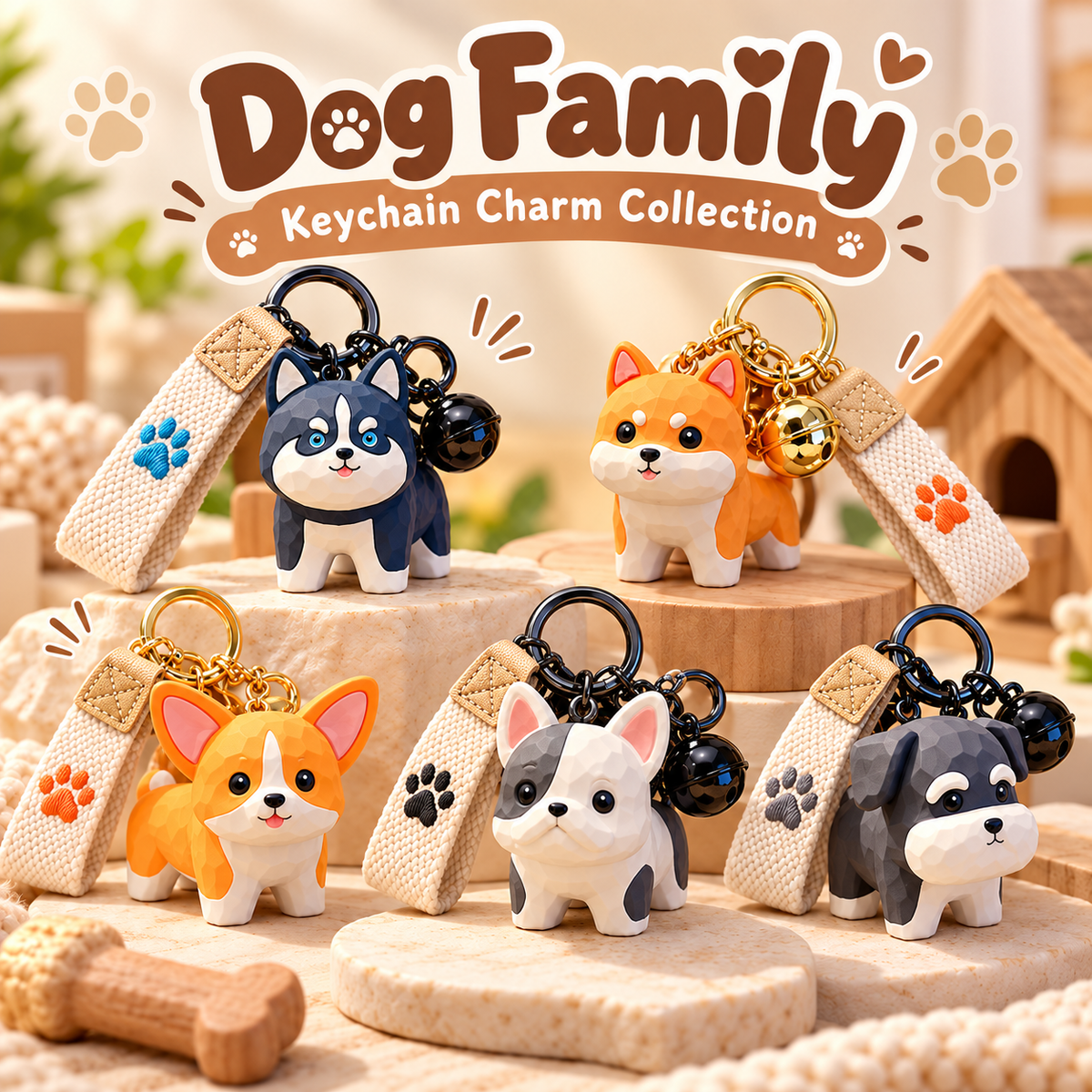 Dog Family resin keychain charm collection showing five dog styles