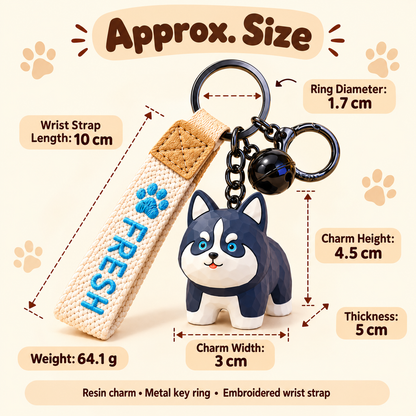 Approximate size guide for Dog Family resin keychain charm and wrist strap