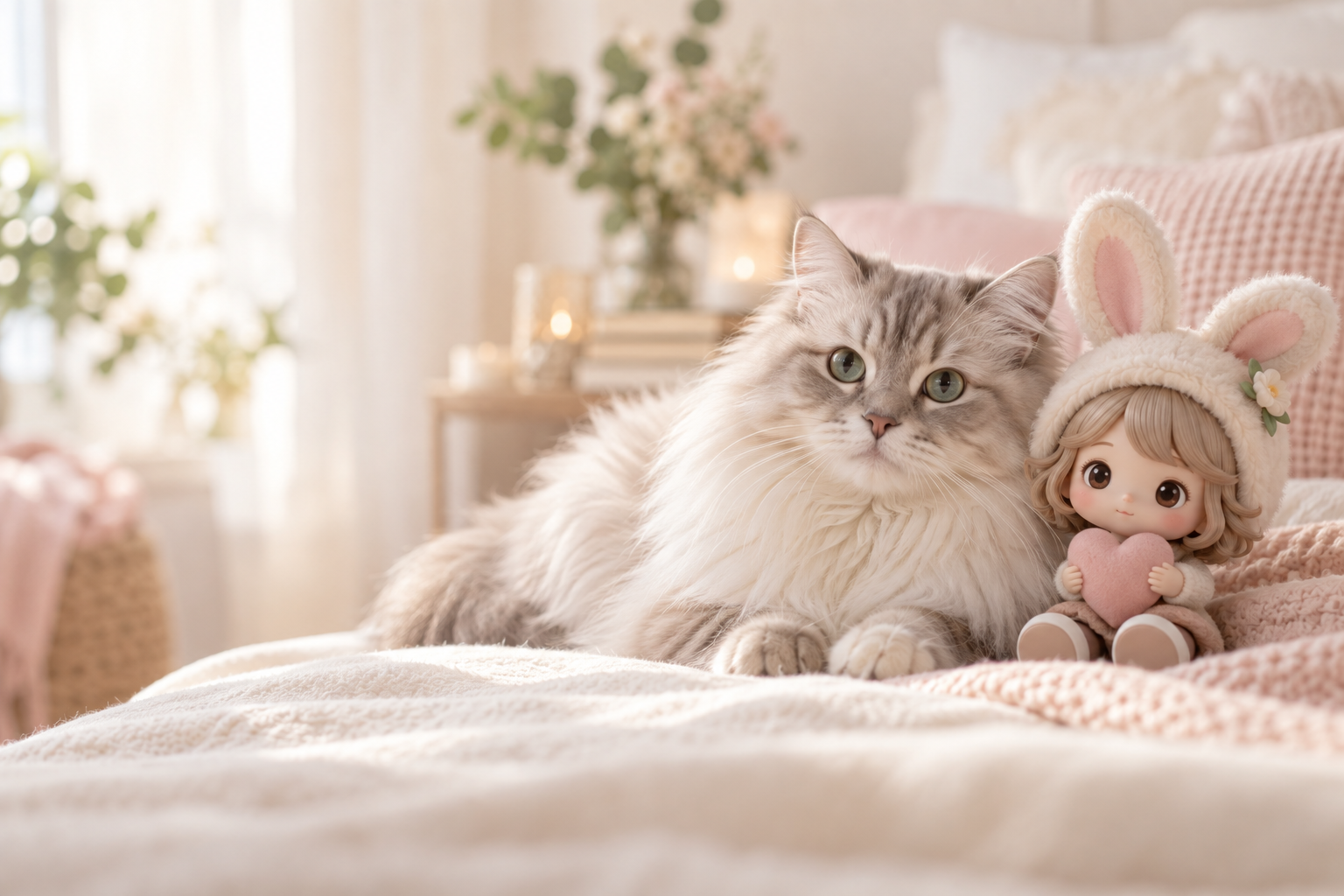 A fluffy cat beside a bunny-eared collectible in a warm cream and blush room