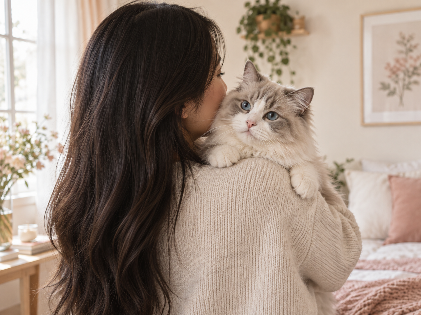 A woman holding a fluffy cat in a warm home